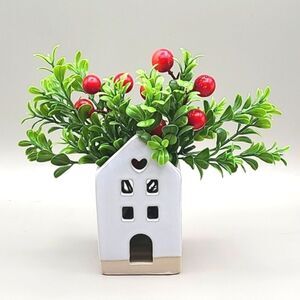 Little White House with Faux Plant & Red Berries, NWOT